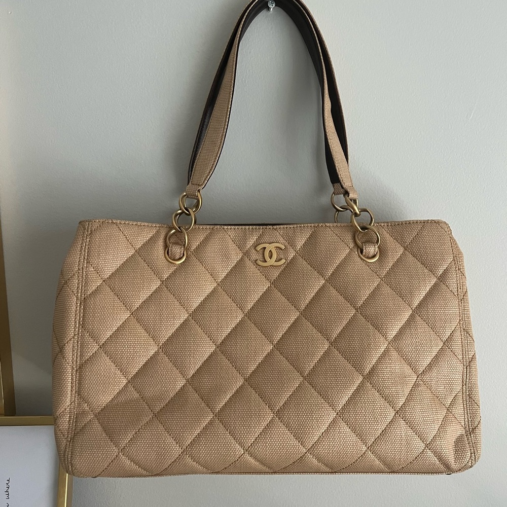 Authentic CHANEL beige canvas tote bag